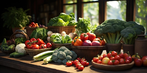 Lagano posloženo svježe povrće i voće na drvenom stolu